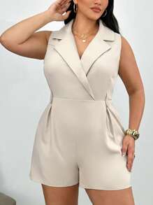 SHEIN Privé 大码女式卡其色缺口领短腿连体裤，秋季和返校季新品 - 卡其色 - 查看 6