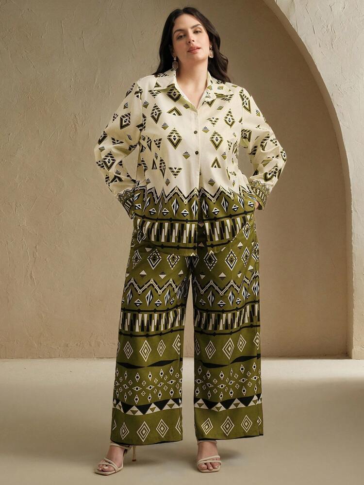 Conjunto de dos piezas con estampado de textura bohemio y de moda para mujer de talla grande, para primavera/verano