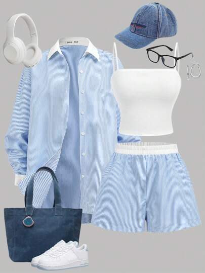 SHEIN Girlism 三件套：蓝白撞色宽松衬衫、松紧腰撞色短裤和纯白色工字背心，适合青少年女孩的舒适休闲装，适合春夏秋季