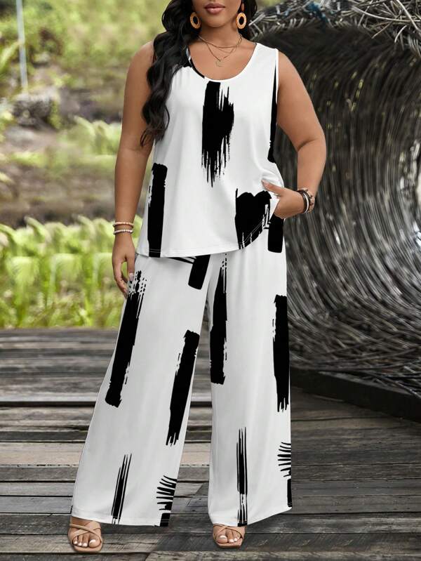 EMERY ROSE Conjunto de 2 piezas de verano casual para mujeres de talla grande, cuello redondo y sin mangas