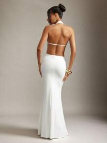 Hauture Women Sexy Summer Sleek Long White Halter Deep Front Knit Maxi Mermaid Dress - White - View 6