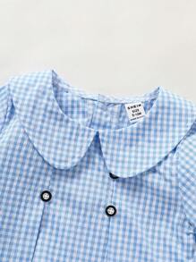 女婴休闲格子短袖连体衣，夏季新生儿男婴服装，夏季蓝色男婴服装，格子婴儿服装 - 藍色 - 查看 5