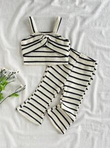 SHEIN Vintaside Kids Baby Girl Summer Fashionable Stylish High-End Striped Camisole Top And Matching Striped Long Wide Leg Pants 2-Piece Set, Suitable For Summer Camping, Vacation, Leisure Or Attending Parties