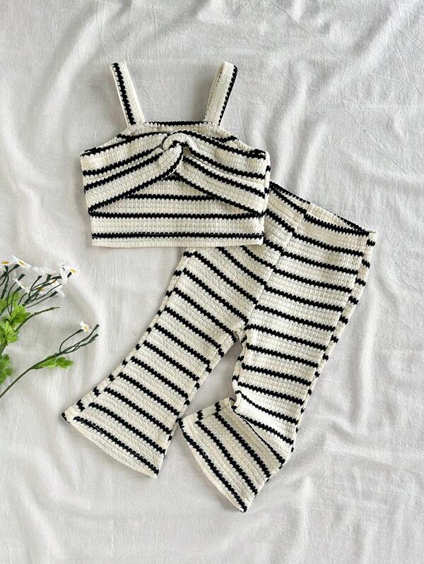 SHEIN Vintaside Kids Baby Girl Summer Fashionable Stylish High-End Striped Camisole Top And Matching Striped Long Wide Leg Pants 2-Piece Set, Suitable For Summer Camping, Vacation, Leisure Or Attending Parties