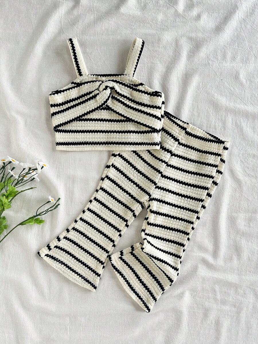 SHEIN Vintaside Kids Baby Girl Summer Fashionable Stylish High-End Striped Camisole Top And Matching Striped Long Wide Leg Pants 2-Piece Set, Suitable For Summer Camping, Vacation, Leisure Or Attending Parties