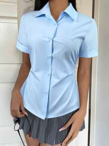 SHEIN EZwear Women's Casual Solid Color Short Sleeve Shirt, Summer - Baby Blue - View 6