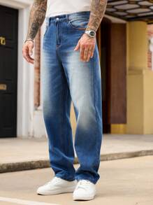 Manfinity Homme 男士蓝色休闲宽松百搭牛仔裤 - 藍色 - 查看 6