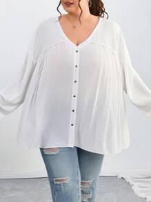 SHEIN CURVE+ Plus Size Women V Neck Single Breasted Long Sleeve Casual Loose Shirtsummer/Country/Beach Vacation Outfits/Beach Outfits/Beach Wear