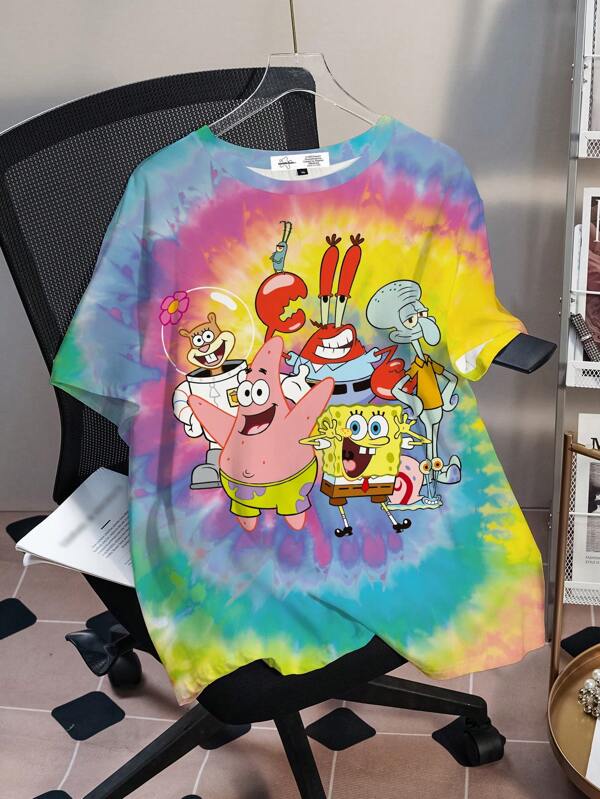 SpongeBob SquarePants X SHEIN Plus Size Tie-Dye & Cartoon Pattern Round Neck Short Sleeve T-Shirt