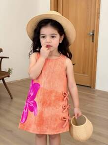 SHEIN Baby Girls' Sweet & Cute Tie-Dye Style Orange Dress, With Floral Pattern And 3D Bow Decor On Side, Distinctive Basic Daily Dress For Toddlers - Orange - View 9