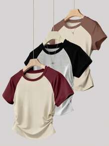 INAWLY 3-Piece Women's Stylish Contrasting Color Raglan Short Sleeve T-Shirt Tops Set, Versatile For Summer Fall - Multicolor - View 1