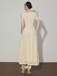 Modelyn Đầm midi cổ tròn tay bồng ren chữ A thanh lịch cho nữ - Màu be - Xem 2