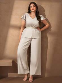 Chikora 2 piezas Conjunto de mujer talla grande - Top de manga corta con cuello en V y pantalones, unicolor elegante y sencillo