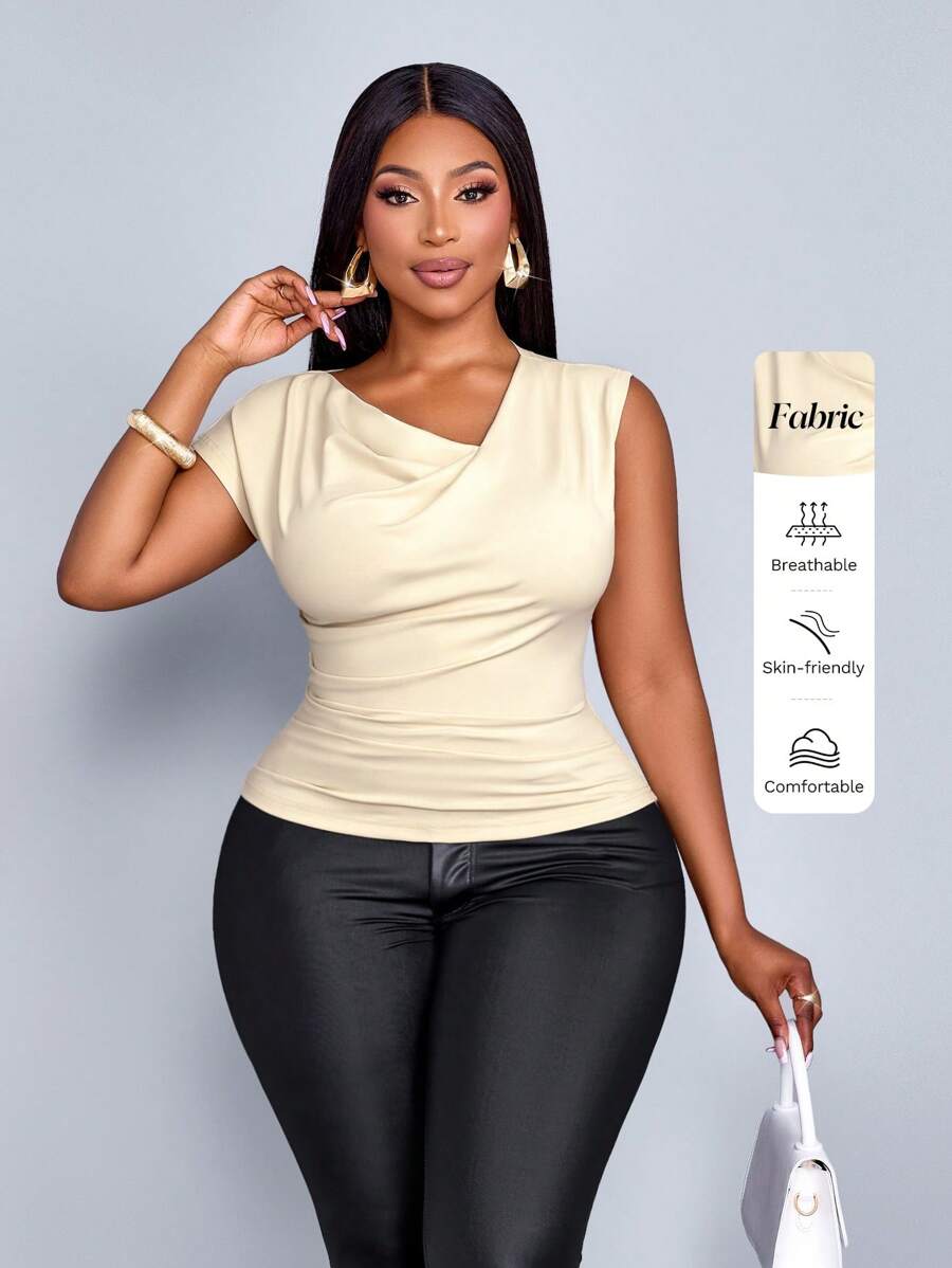 Maweii Plus Size Women's Fashion Solid Color Spring And Summer Cross Neck Casual Simple Short Sleeve T-Shirt, Versatile Tops - Apricot - View 1