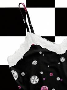 Vecteezy Black & Pink Rhinestone Embellished Sexy Crop Top With Lace Trim, Y2K Style, Suitable For Summer, Vacation, Party, Music Festival Club Going-Out Back To School 2000s Style - Multicolor - View 3