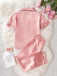 New Style Simple Solid Color Turndown Collar Short Sleeve Cardigan And Pants 2pcs Home Outfit For Tween Girl - Watermelon Pink - View 2