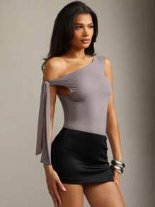 Hauture Sexy Summer Casual Sheer Bodycon One Shoulder Side Tie Bodysuit - Grey - View 6