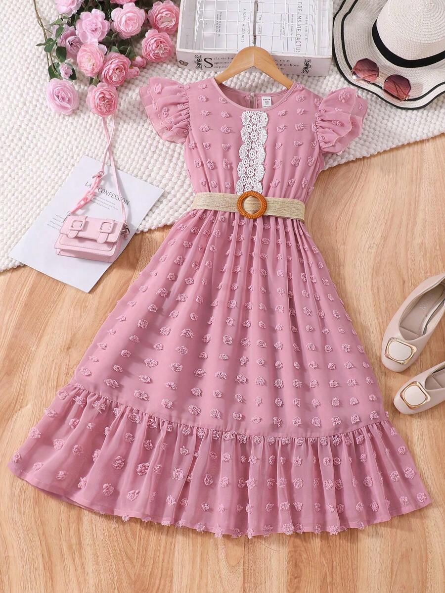 女童蕾丝拼布荷叶边短袖连衣裙