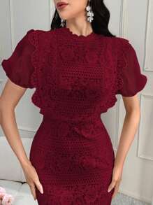 Modelyn Rochie de seară lungă cu mâneci bufante din dantelă ghipură și spate despicat - Burgundia - Vizualizare 6