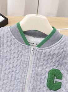 青少年男孩休闲棒球领字母印花保暖衬里厚针织开衫夹克 - 灰色 - 查看 5