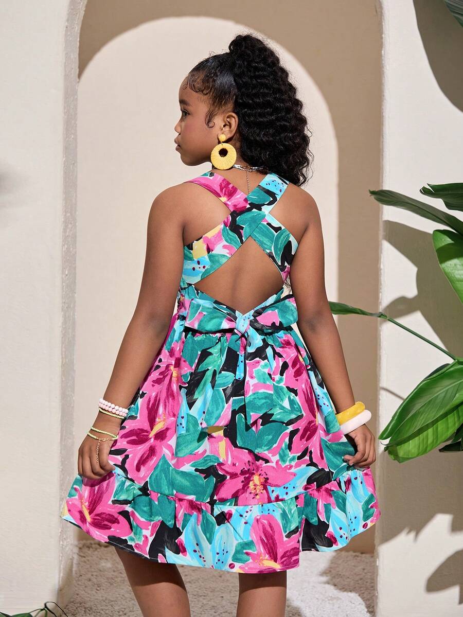 SHEIN 女童热带植物印花交叉蝴蝶结腰部束腰编织连衣裙 - 綠色 - 查看 1