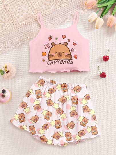 Cute Cartoon Capybara Pattern, Creamy Pink, Tween Girl Casual Minimalist Fitted Cami Tank Top & Shorts Lounge Set, Suitable For Summer