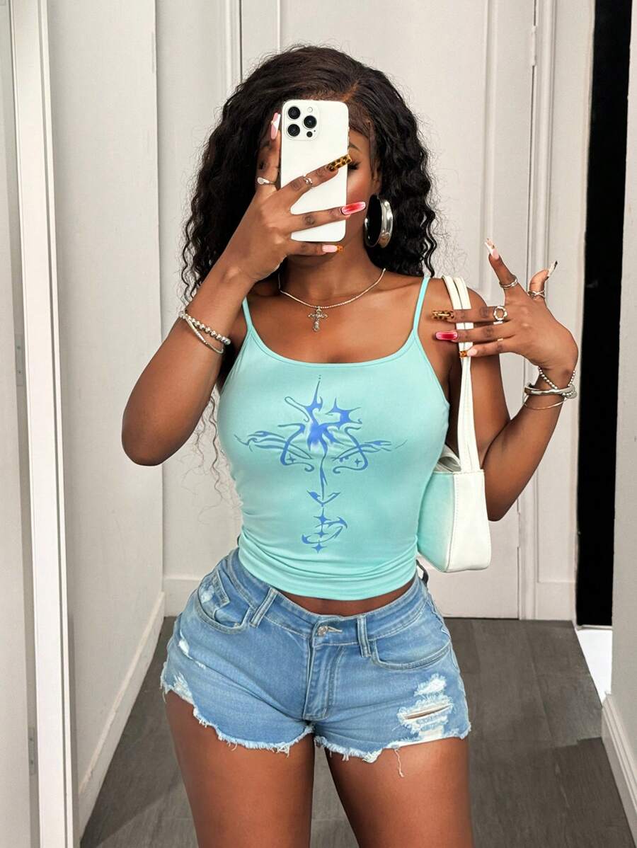 SHEIN Unity 女式复古花卉印花蓝色休闲无袖背心，Y2K 复古蓝色连帽衫，2000 年代美学，街头风格 T 恤，夏季