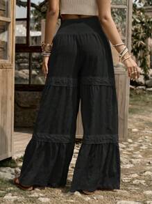 LanaWest 西部乡村风格女式纹理面料拼布花卉装饰阔腿裤 - 黑色 - 查看 2