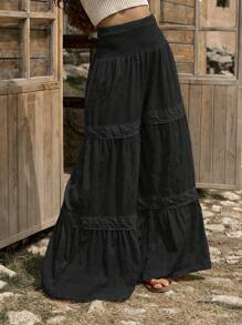 LanaWest 西部乡村风格女式纹理面料拼布花卉装饰阔腿裤 - 黑色 - 查看 3