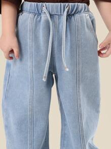 SUMWON 宽松阔腿儿童牛仔裤松紧腰浅色水洗牛仔宽松拉拉裤休闲街头风格时尚女童秋冬 - 藍色 - 查看 5