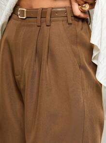 AiiRZ 专业百慕大休闲短裤及膝办公室装褶皱阔腿裤配腰带经典商务休闲夏季春季 - 棕色 - 查看 4