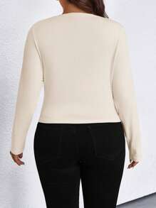 SHEIN PETITE 大码女式休闲纯色褶皱长袖T恤 - 米色 - 查看 2