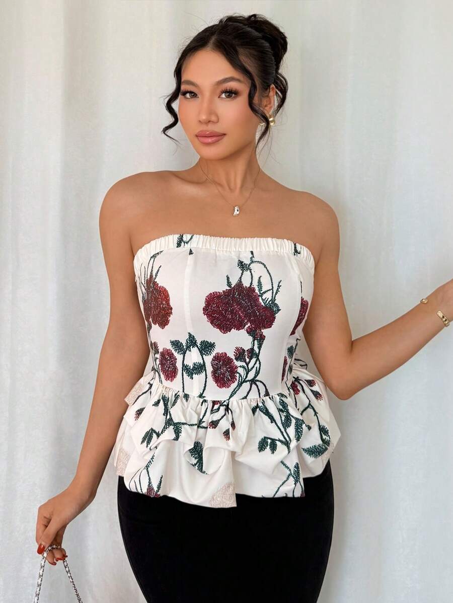 Elenzga Top de tirantes casual estampado floral bordado para mujer, moda de verano - Multicolor - Ver 1