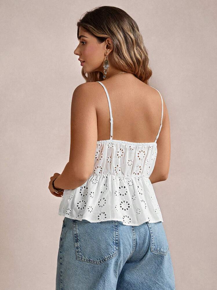 SHEIN VCAY פלוס רקמת עיניים סלסול שולי קיץ Boho Cami Top - לבן - ראה 2