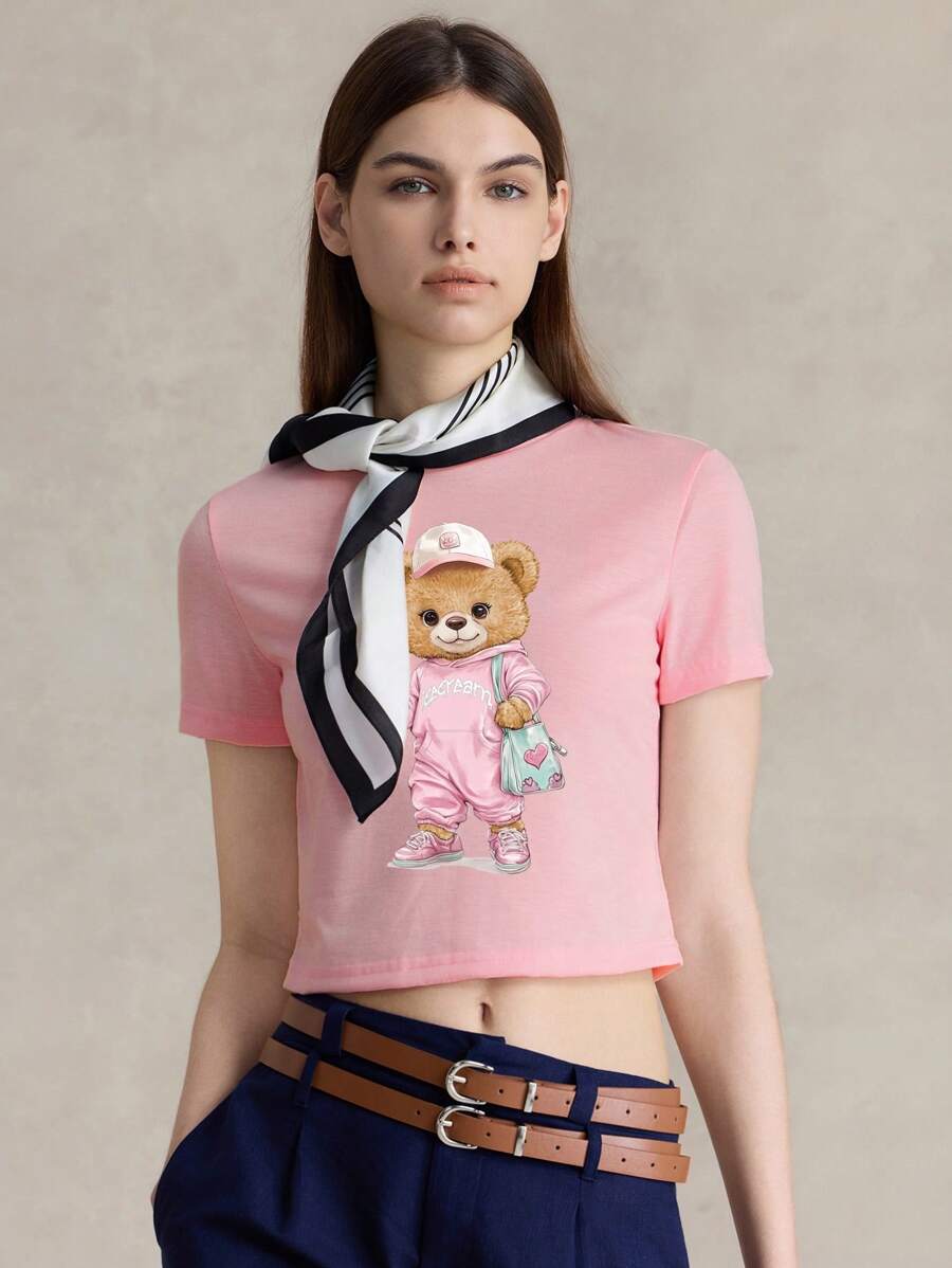 Briarwyn Casual Minimalist Pattern Round Neck Short Sleeve Cropped Fitted T-Shirt For Women - Baby Pink - View 1