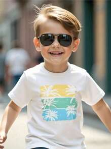 Camiseta de manga corta de punto con cuello redondo y estampado de vacaciones lindo y casual para niños pequeños, adecuada para el trayecto, la escuela, el uso diario casual, las vacaciones, los deportes, la primavera, el verano, el otoño y el invierno