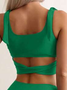 SHEIN Swim 女式夏季海滩纯色打结肩部分体泳衣套装 - 綠色 - 查看 3
