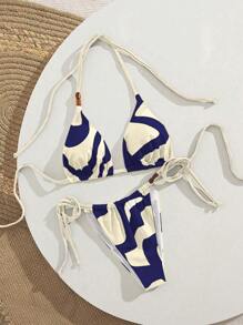 Swim Vcay Milky 女士两件套比基尼套装，带肩带，侧面系带，简约复古风格，适合海滩度假 - 藍白色 - 查看 5