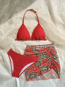 SHEIN 3 件套少女豹纹花卉印花罩衫、迷你裙和比基尼套装 - 紅色 - 查看 5