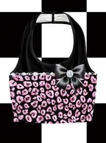 BiGraphic Black & Pink, Leopard Print, Rhinestone, Crystal, Chain, Bow, Casual, Hot Girl, Y2K Style, Women's Cropped Halter Neck Tank Top, Suitable For Summer, EDC, Music Festival Club Going-Out Back To School 2000s Style - Multicolor - View 1