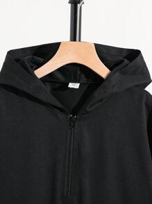 2pcs Tween Boys Casual Daily Comfortable Solid Color Hooded Pocket Loose Short Sleeve Half Zip T-Shirt And Shorts Knit Tracksuit Set - Black - View 5