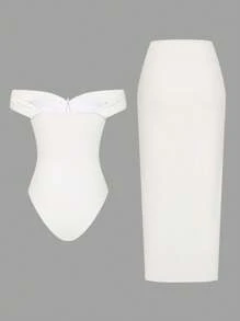 Swim Oasis New Summer Beach Holiday Solid Color Metal Pearl Shell Sea Hollow Out Bandeau One Piece Swimsuit & Skirt Set - White - View 2