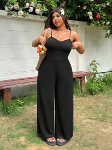 SHEIN EZwear 外出、办公室、女性街头服饰、返校服、派对、日常休闲、吊带背心、针织、弹力、长款、阔腿、黑色、加大码连体裤 - 黑色 - 查看 8