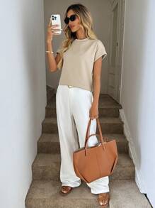 Easowa 蝙蝠印花圆领杏色纹理女式 T 恤 - 杏色 - 查看 3