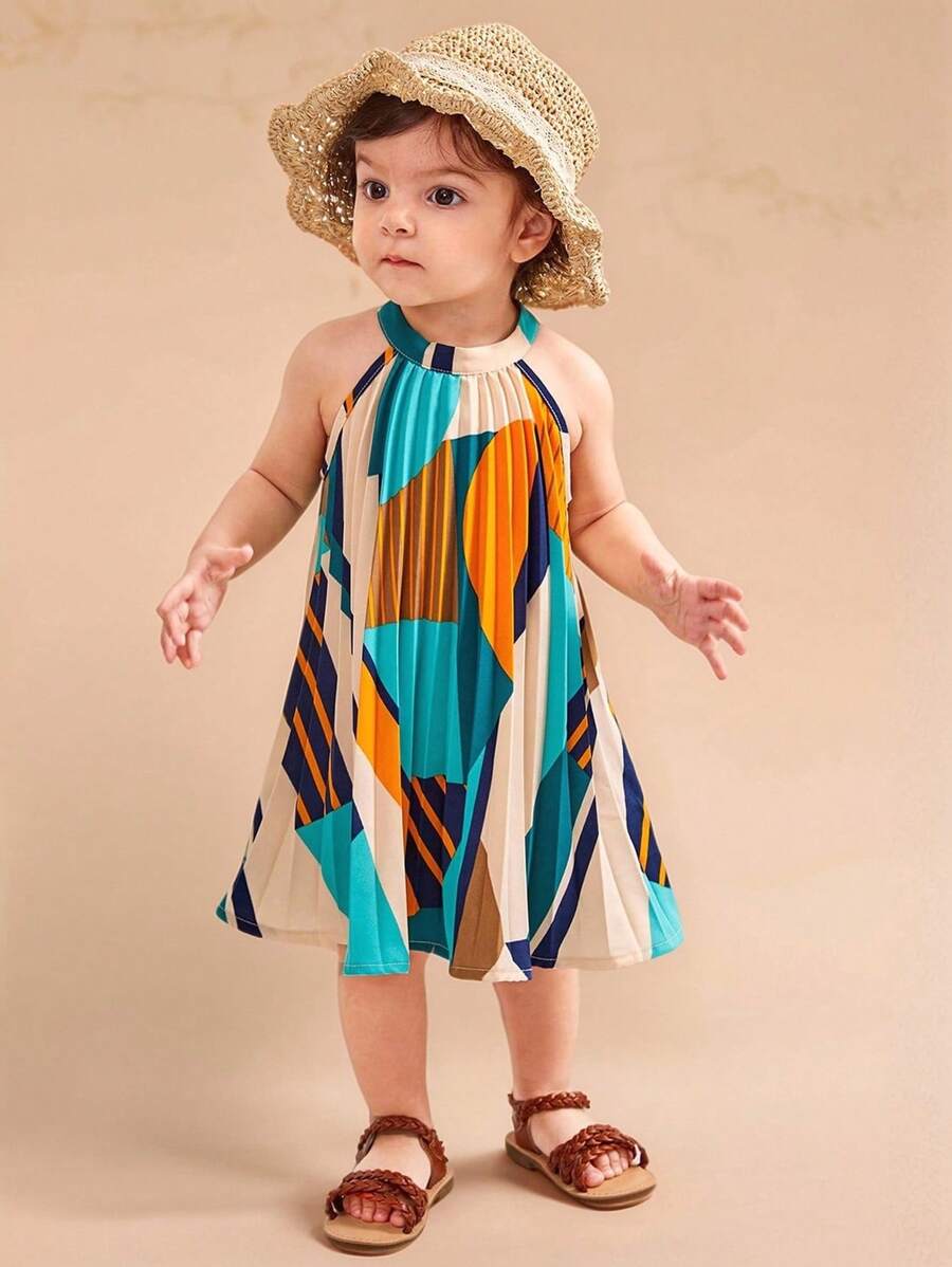 SHEIN Baby Girl's Geometric Print Pleated Halterneck Dress - Beige - View 1
