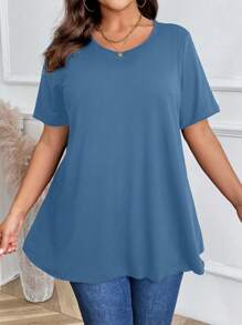 Plus Size Casual Solid Color Short Sleeve T-Shirt, Versatile For Summer - Teal Blue - View 3