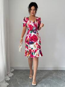 Elenzga Women's Summer Floral Square Neck Puff Sleeve Vacation Dress - Red - View 4