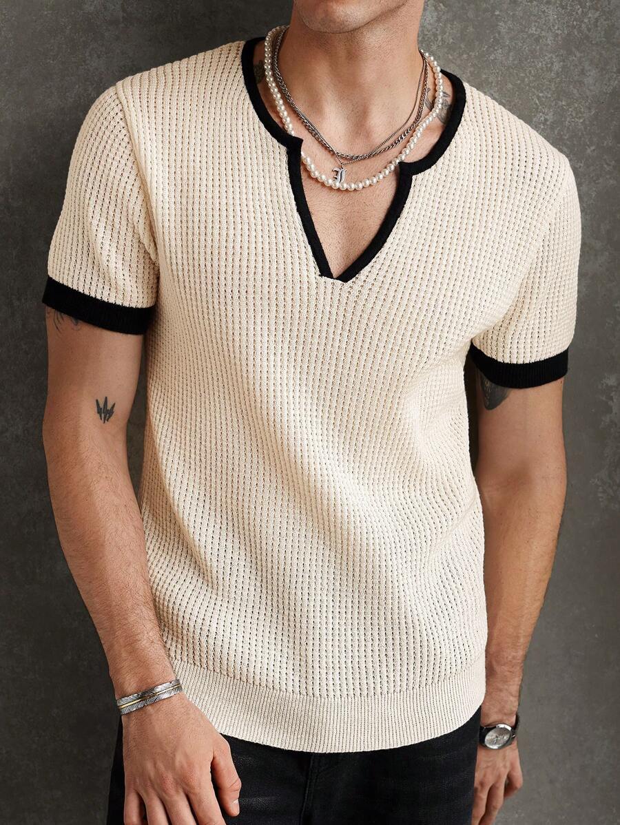 Manfinity Homme 男士拼色V领短袖休闲针织上衣 男士针织衬衫 男士针织上衣 男士夏季上衣 男士针织衬衫 - 白色 - 查看 1