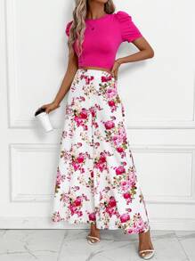 SHEIN Clasi 2件套女士优雅花卉印花阔腿裤和针织套头衫