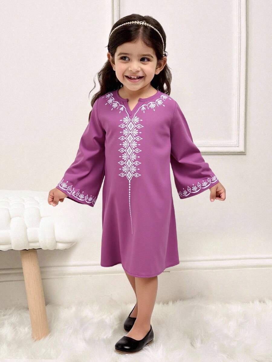 SHEIN 女婴花卉印花紫色长袖度假连衣裙，夏季 - 紫色 - 查看 1